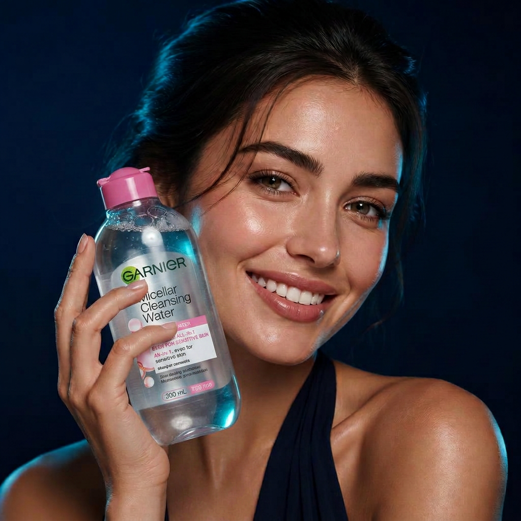 Model holding Garnier Micellar Cleansing Water