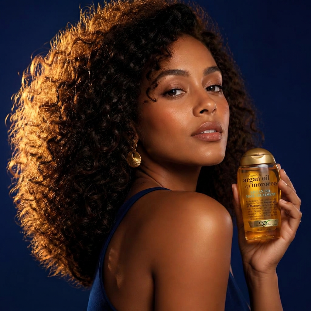 Model holding OGX Argan Oil of Morocco hair treatment